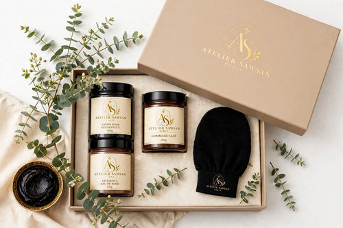 Coffret rituel hammam Atelier Sawsan Paris, 4 produits savon noir gant kessa gommage ghassoul